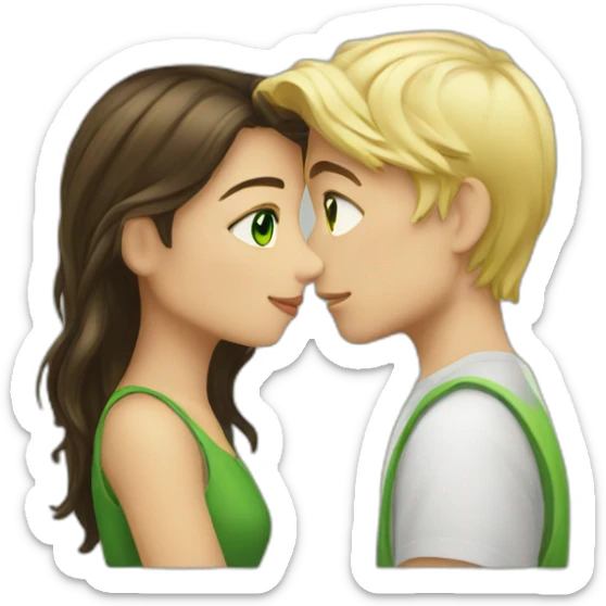 Blond boy Green  eye kissing brunette girl Green eye sticker