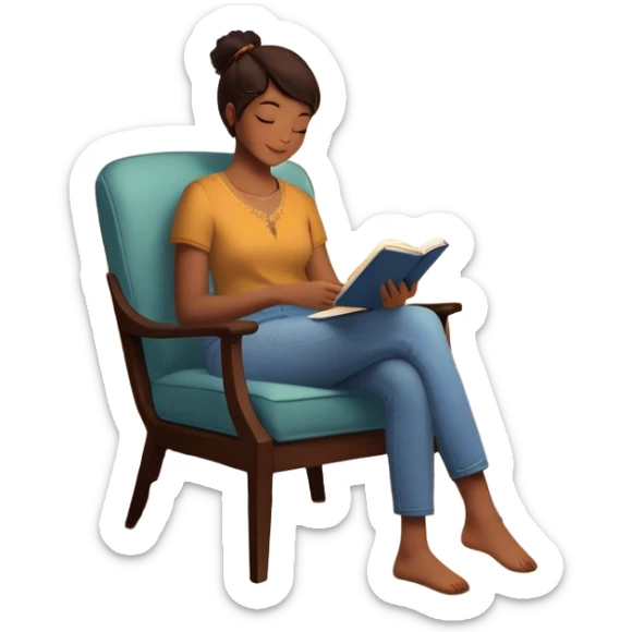 A person sits mindfully in a chair, a gratitude journal nearby, and a phone turned off. A bird chirps outside, a scented candle burns, and a small hidden gift bag peeks from under the table. A framed quote says, "Be Kind to Yourself," while they share a smile with someone. sticker