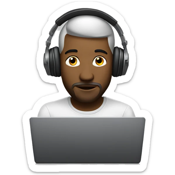 Music producer with his headphones on behind his laptop sticker