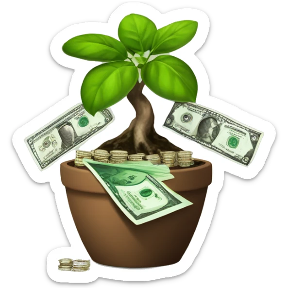 a plant in a brown pot of diamonds growing a mini bonsai tree with dollar bills as the foliage the plant is growing money the leaves of the plant are money sticker