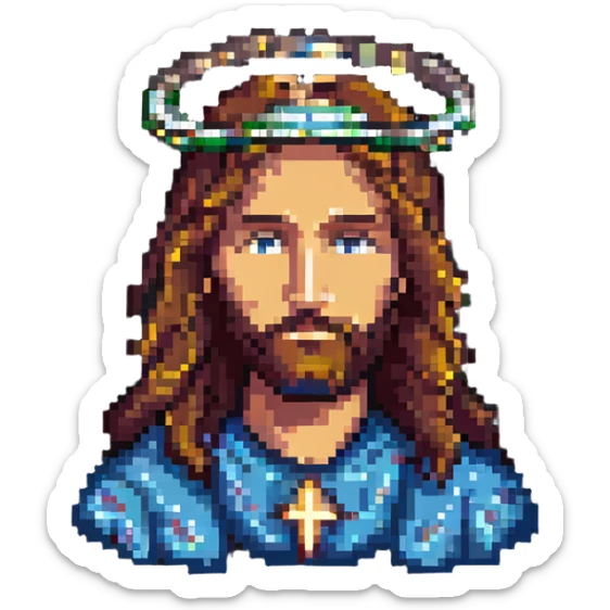 Jesus Christ with halo, long hair and beard, simple pixel art clothing, minimalist background sticker