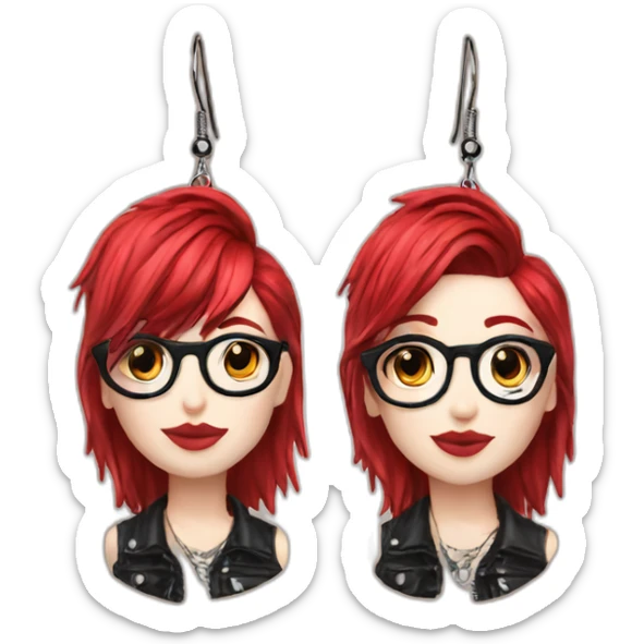 Punk female earrings glasses,red and black short hair, sticker