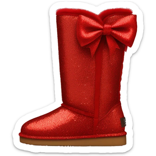 Pair of red glitter Ugg fur boots with red silk ribbon bows. sticker