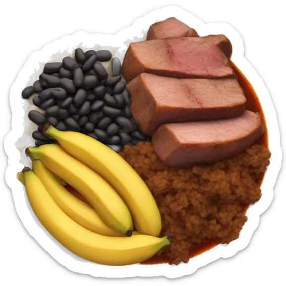 A plate with cooked meat in sauce , rice and sweet plantains and black beans sticker