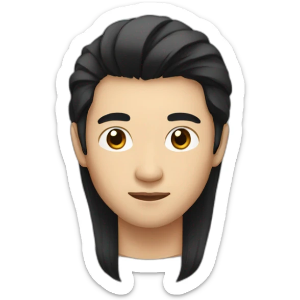 Asian man with long black hair with a cut sticker