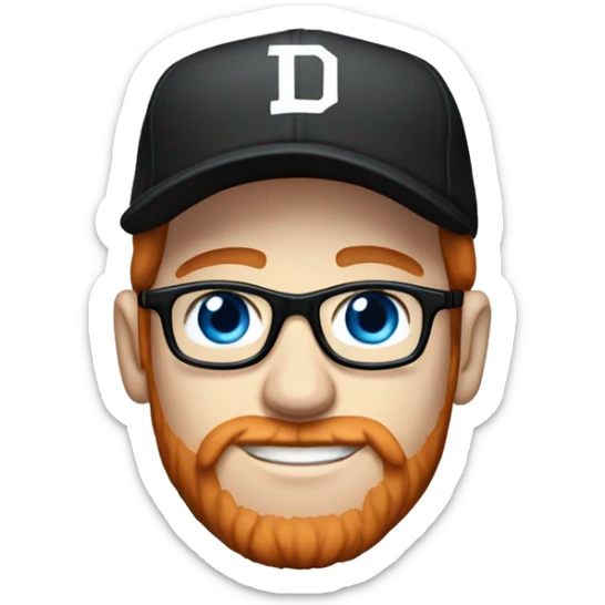 30 year old male with red hair, glasses, black baseball hat, blue eyes, pale complexion, and a beard sticker