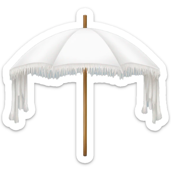 White beach umbrella with white tassels and a straight wooden pole sticker