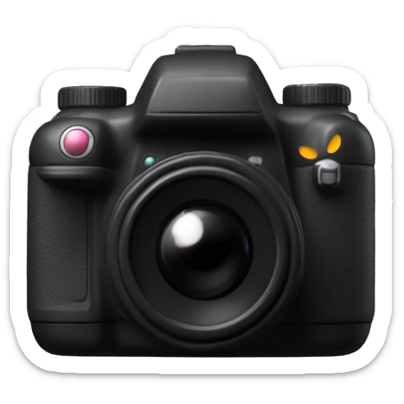 In the center of a pure black background, a 3D mimetic digital camera is facing the lens at a 0-degree angle sticker