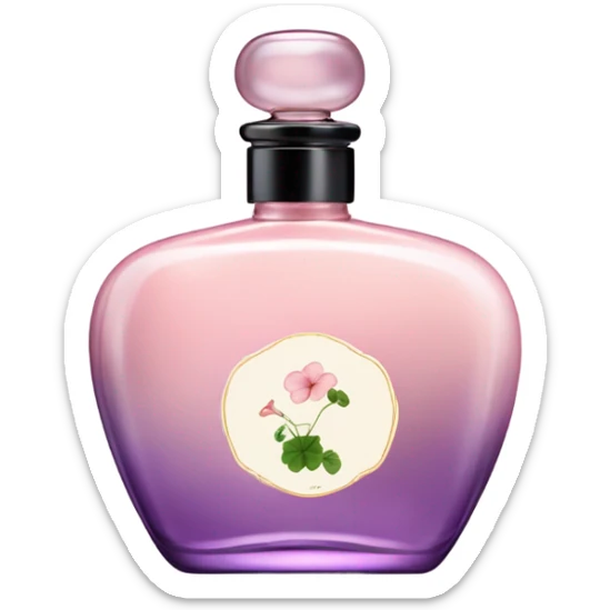 Aesthetic display of blush pink nasturtiums, an elegant violet perfume bottle, and a vintage love letter written in flowing script. sticker