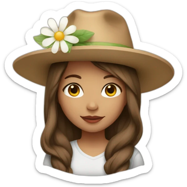 Light skin, Girl with a flower in her hand, with a hat, shoulder-length brown straight hair sticker