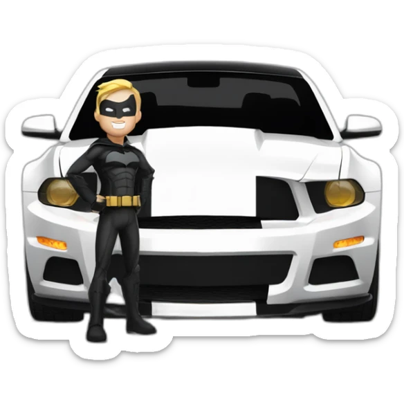 Batman standing beside his 2010 model mustang in white with black roof and black stripes AI images sticker