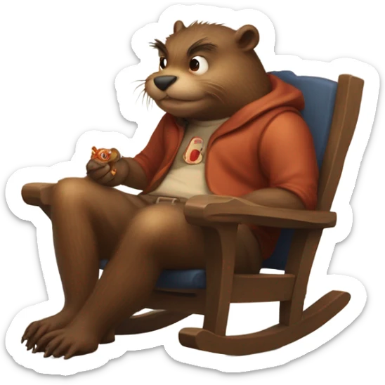 Giant beaver man in rocking chair petting his demon pet sticker