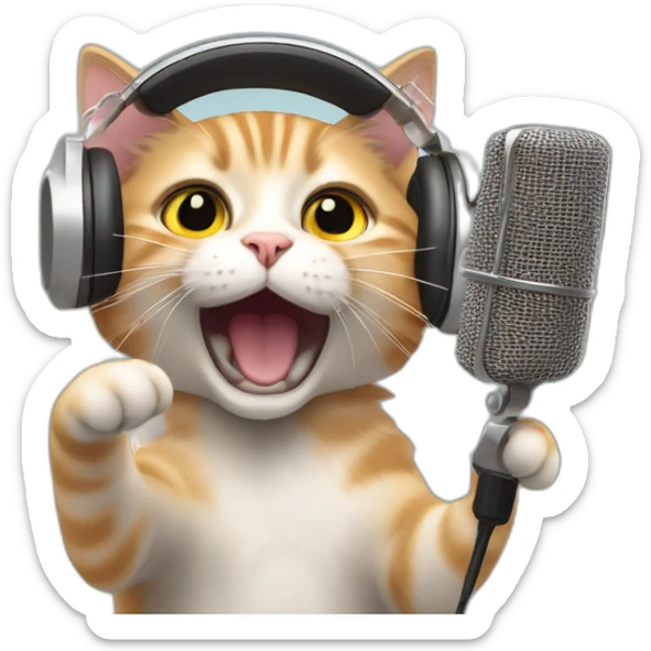 cat wearing headphones shouting and singing in front of microphones, blurred image sticker