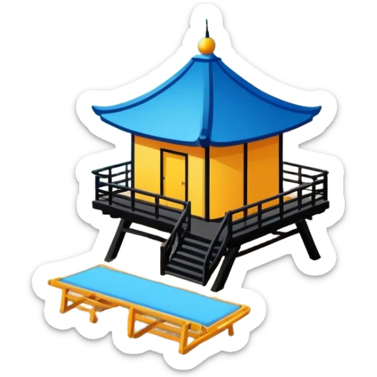 Beidaihe seaside resort beach with pavilion Hebei, simplified emoji style with bold outlines and bright colors, cartoon style beach with blue water sticker