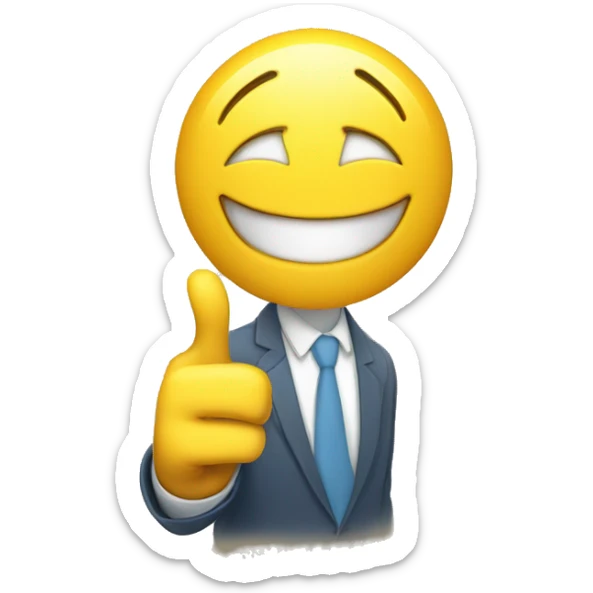 a yellow smiley with a smirk and two hands pointing upwards to portray satisfied success sticker