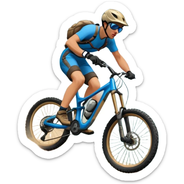 A thrilling downhill mountain biking scene! A rider in full gear speeds down a steep rocky trail, kicking up dust. The rugged mountain landscape surrounds them, with towering peaks, evergreen trees, and a bright blue sky. The rush of adventure is in the air. Transparent background. sticker