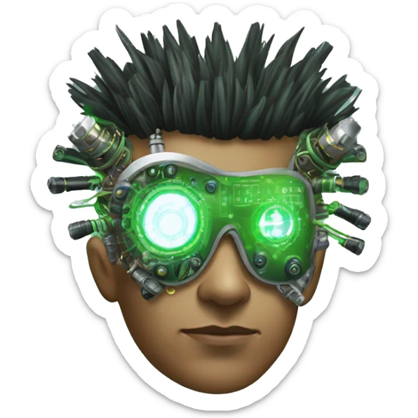 Green Mohawk hair male cyborg head with white steampunk goggles and circuits sticker