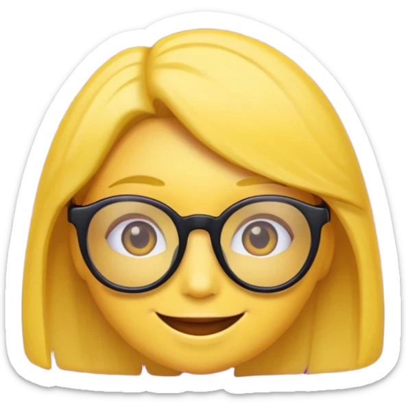 un emojis amarillo, con el cabello negro corto lacio,   con lentes violeta y una sonrisa sticker