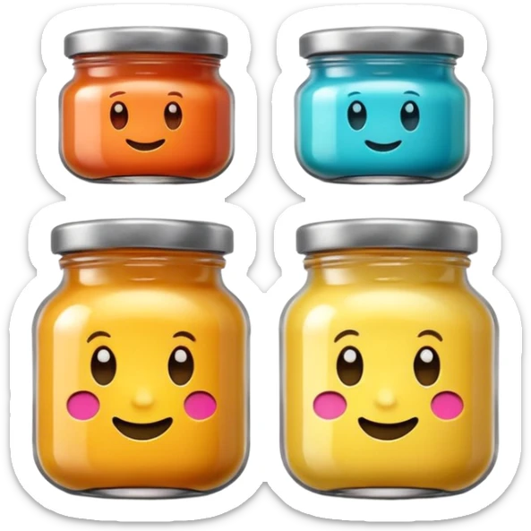two small glass jars with metal lids filled with colorful purée no label or extras soft lighting subtle shadows emoji scale sticker