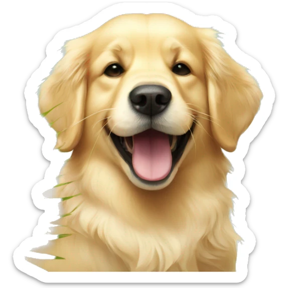golden retriever with coconut in hand and licking the coconut sticker
