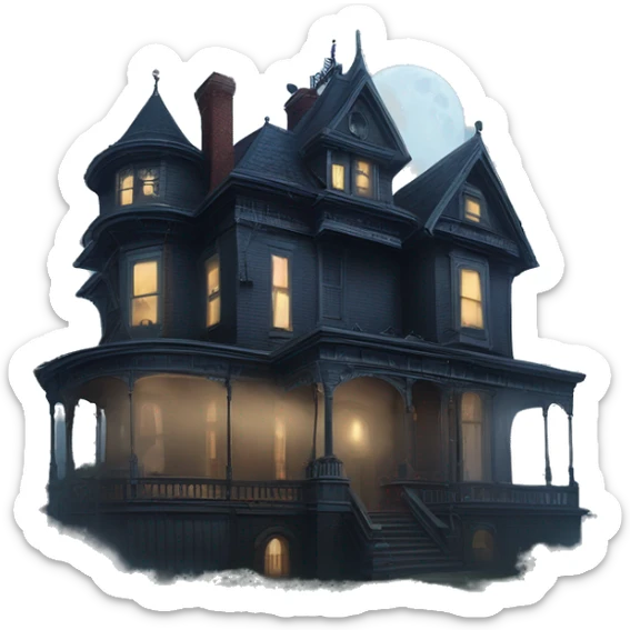Fantastic Wide full view, A very roomy ramshackle Victorian Addams’s mansion looms through light fog at midnight  sticker