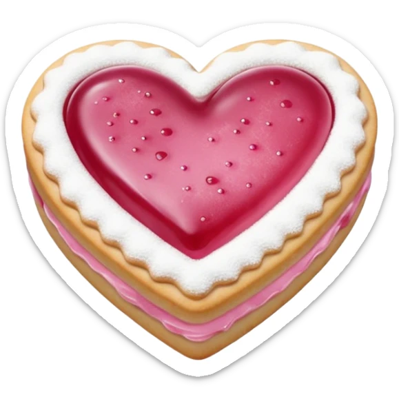 Realistic shortbread cookie in the shape of a heart with pink jelly middle filling and sprinkled powder sugar on top. sticker