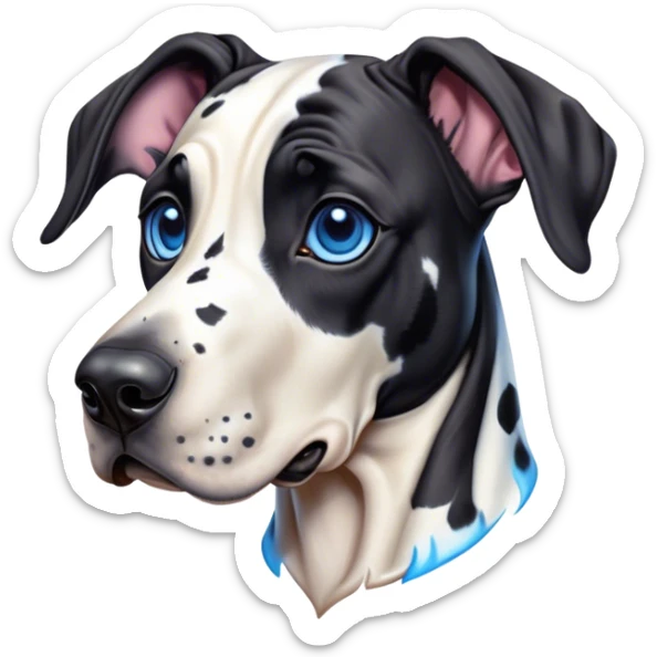 Cinematic Cute Harlequin Great Dane Portrait Emoji, Head tilted playfully and inquisitively, featuring a glossy coat of predominantly white with dynamic black patches, round, sparkling blue eyes filled with gentle curiosity, Simplified yet irresistibly adorable features, highly detailed, glowing with a warm, friendly glow, high shine, affectionate and gentle, stylized with a touch of whimsy, bright and endearing, soft glowing outline, capturing the essence of a mischievous yet loving pup, so playful it feels like it could lumber out of the screen and into your arms! sticker