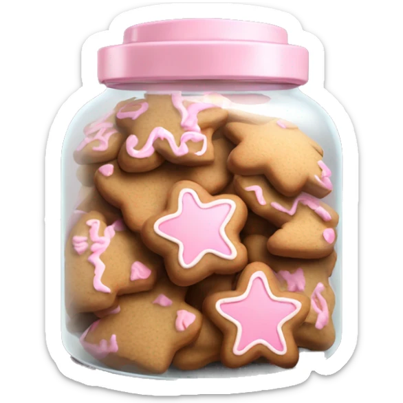 Realistic glass cookie jar with light pink lid full of gingerbread cookies isolated.  sticker
