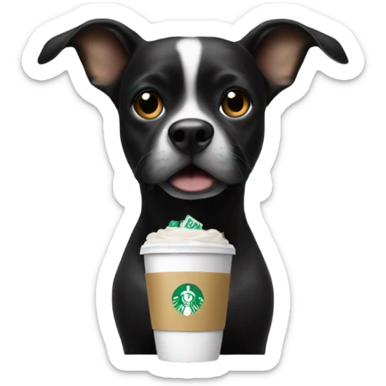 A dog holding a star bucks cup and the dog is black and has a bow on her head sticker