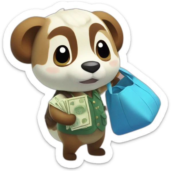 animal crossing tom nook holding a bag of money sticker