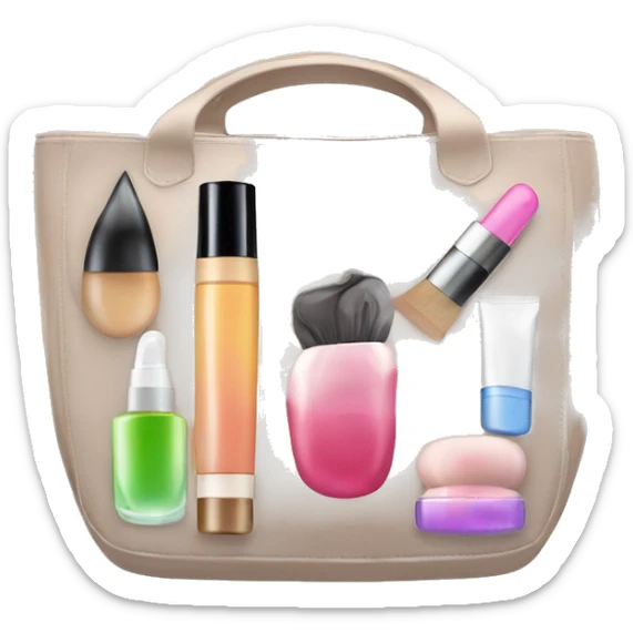 a bag containing cosmetics. some cosmetics peeking out of a cosmetic bag sticker
