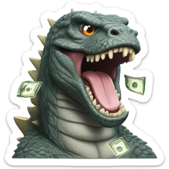 godzilla with dollar signs on the eyes and tongue the money-mouth face sticker