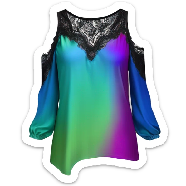 Realistic isolated side view of a metallic cobalt blue,magenta,and pistachio green ombre low cut cold shoulder blouse with long black lace sleeves. sticker