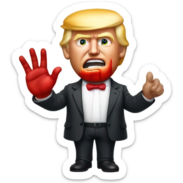 Donald trump holding his hand up with a timy drop of red dye on his face sticker