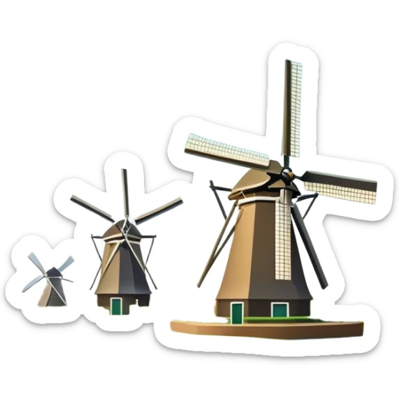 Cinematic Realistic Kinderdijk Windmills Landmark Emoji, showcasing traditional Dutch windmills aligned along a tranquil canal, with lush green fields, soft ripples in the water. sticker