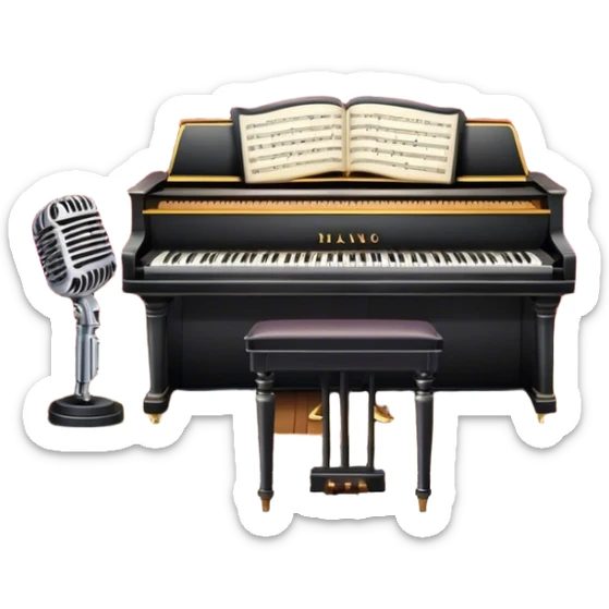 Icon for 50s American Musical Theater: a retro stage with neon lights, a classic microphone on stage, vintage piano, musical notes, vintage theater curtains, and Broadway-style elements. Avoid focusing solely on the piano. Transparent background. sticker