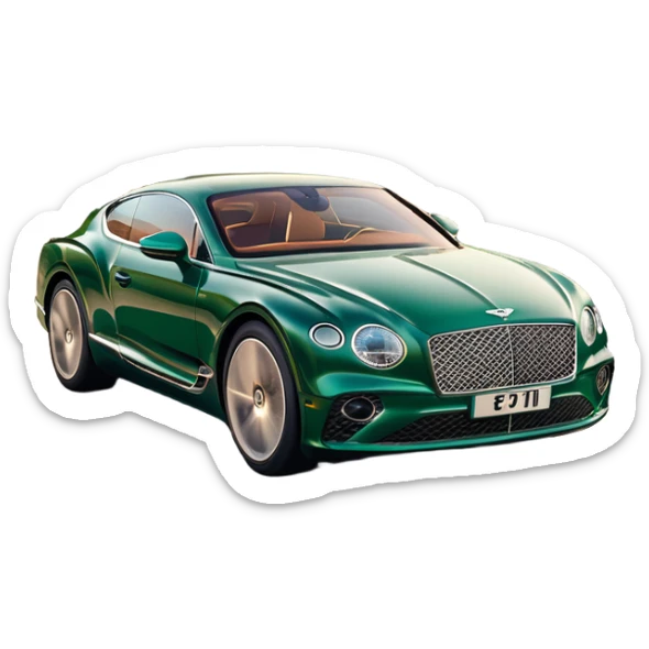 Bentley Continental GT (2022) – cinematic-realistic Bentley Continental GT emoji, its deep emerald green paint reflecting the golden hour sunlight as it cruises along a coastal highway. The roar of its W12 engine builds as it accelerates, the plush leather interior offering an unmatched blend of luxury and performance. sticker