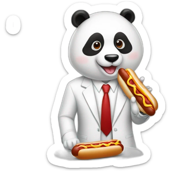 A professor with white suit and red tie and a panda eating hotdogs sticker