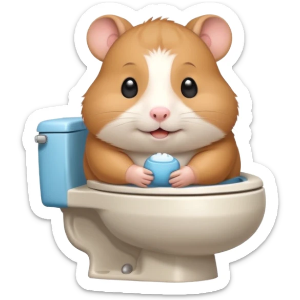 Cute chubby cartoon-style hamster sitting on toilet, sticker-style illustration sticker