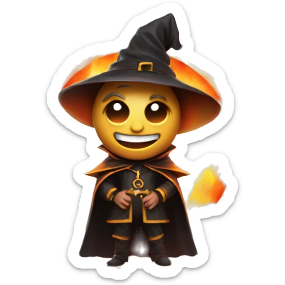 Human demonologist in a wizard costume, surrounded by a fiery halo, Halloween theme, emoji sticker