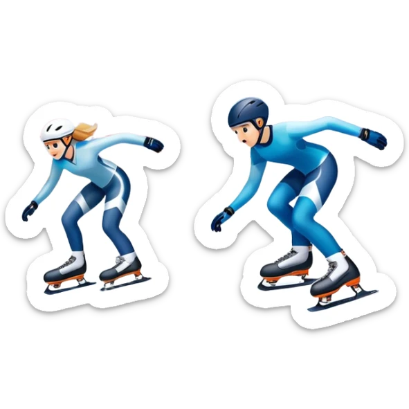 An icon showing a pair of speed skates gliding on an icy track, leaving sharp trails. The background features a grand speed skating arena with spectators, bright lights, and a winter landscape visible through the open structure. Transparent background enhances the dynamic motion. sticker