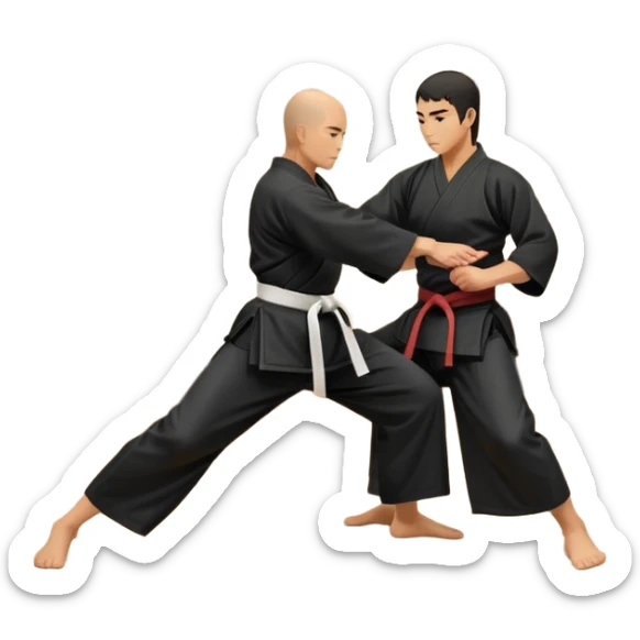 An icon depicting a martial artist in a black gi performing an Aikido technique in a dojo. The background showcases wooden floors, traditional dojo decor, and soft lighting that creates a peaceful yet focused atmosphere. The Aikido practitioner demonstrates fluid movement and precision.  sticker