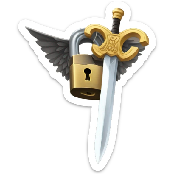 a lock with wings and arms holding a sword, the lock is holding a sword, big lock sticker