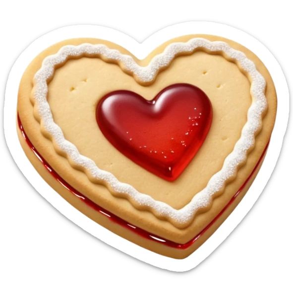 Realistic shortbread cookie in the shape of a heart with red jelly middle filling and sprinkled powder sugar on top. sticker