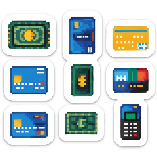 pixel art icons of payment methods: credit card, cash, mobile pay, contactless sticker