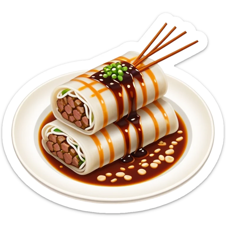 Beef rice noodle roll Ngau Yuk Cheung Fun with dark sauce drizzled on top, simplified emoji style with bold outlines and bright colors, cartoon style Cantonese street food sticker