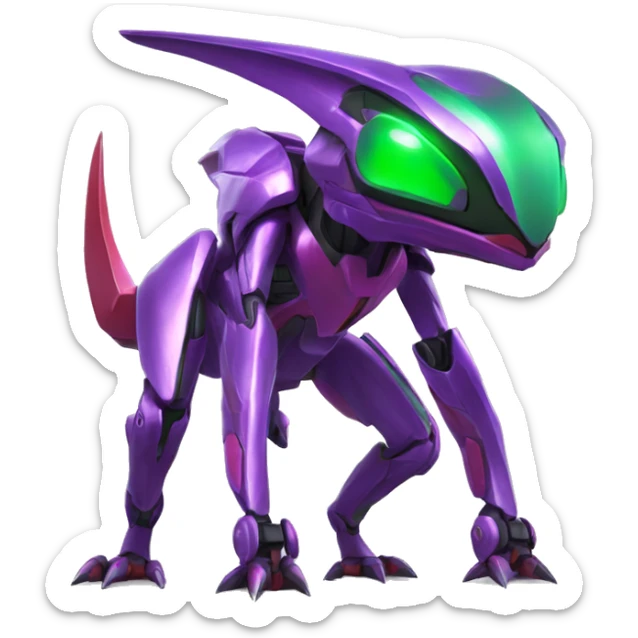 a shiny purple-green-red Genesect-Raptor-Fakémon—hybrid with a futuristic visor-helmet full body sticker