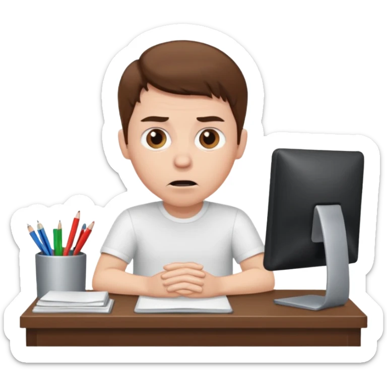 A white man with brown hairs, white skin,   sits at his desk in shock sticker