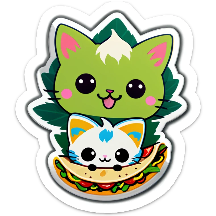 Kawaii Cannabis leaf and kittens eating tacos kawaii style  sticker