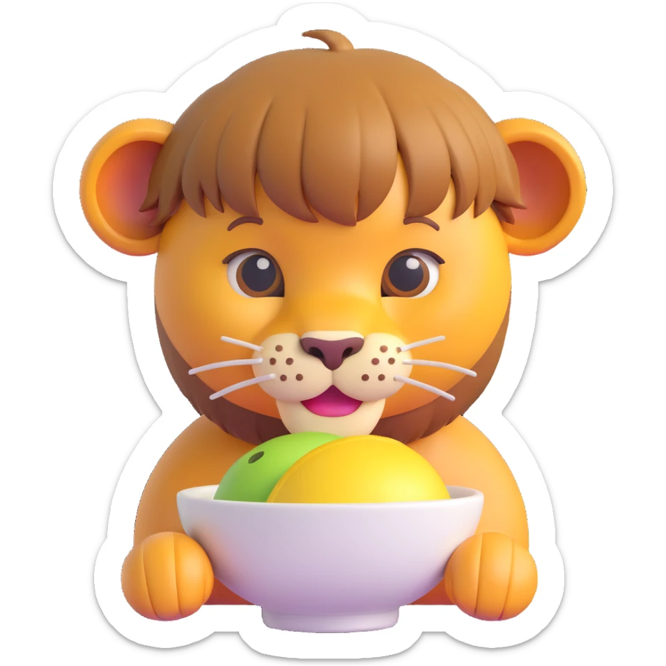 lion with a bowl haircut, straight bangs, cute and expressive, 3D emoji style sticker